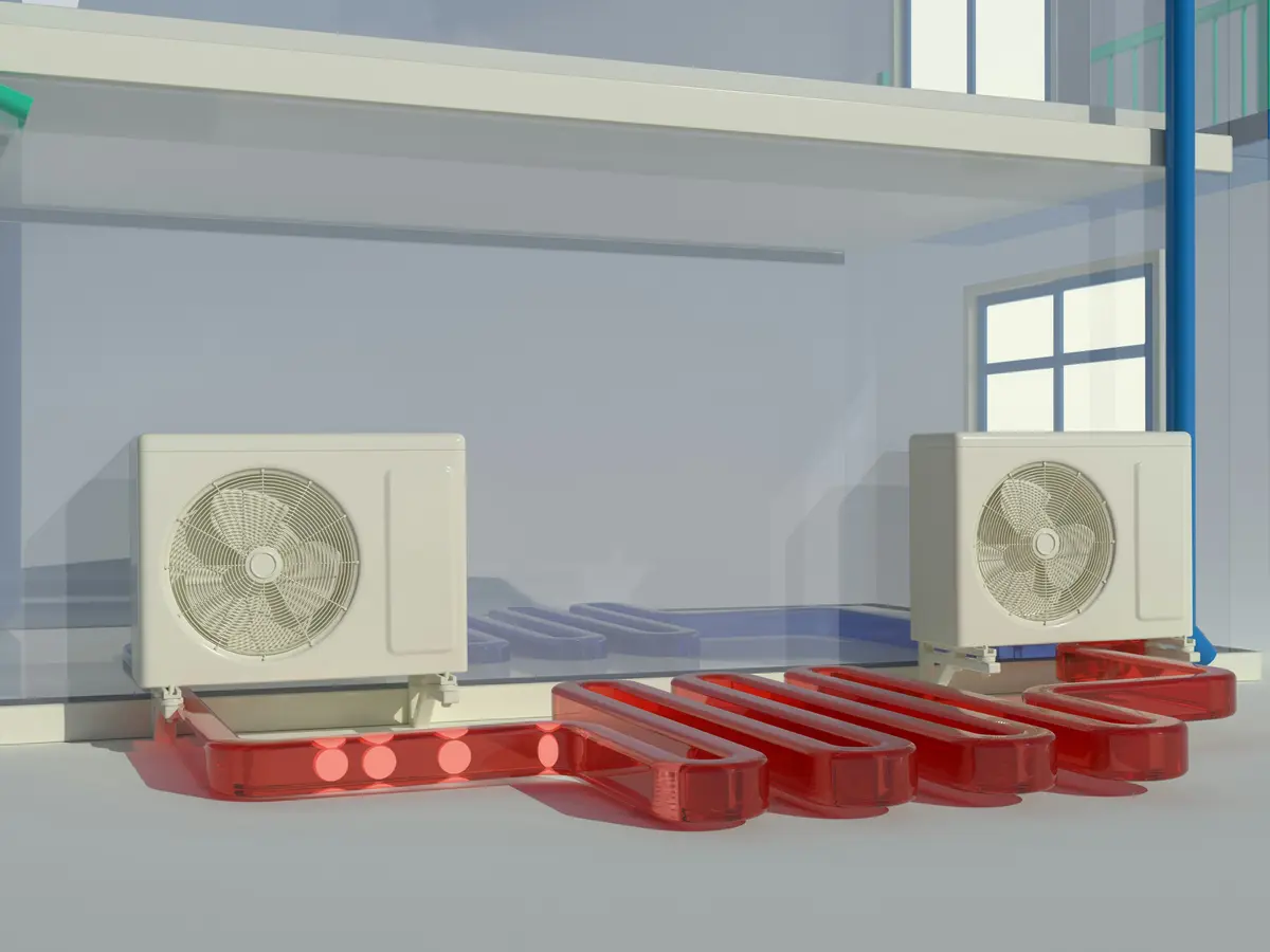 Cold-climate heat pump outdoor unit close-up in a residential setting